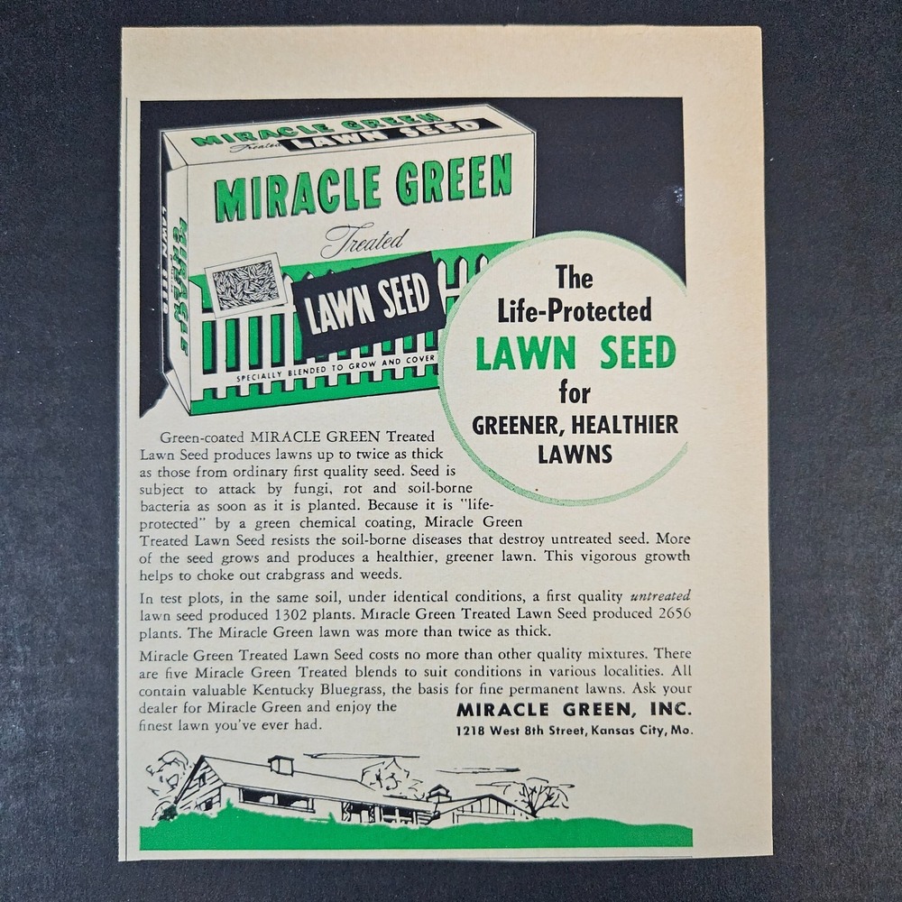 1957 Miracle Green Treated Lawn Seed Vintage Print Ad KC MO Kentucky Bluegrass